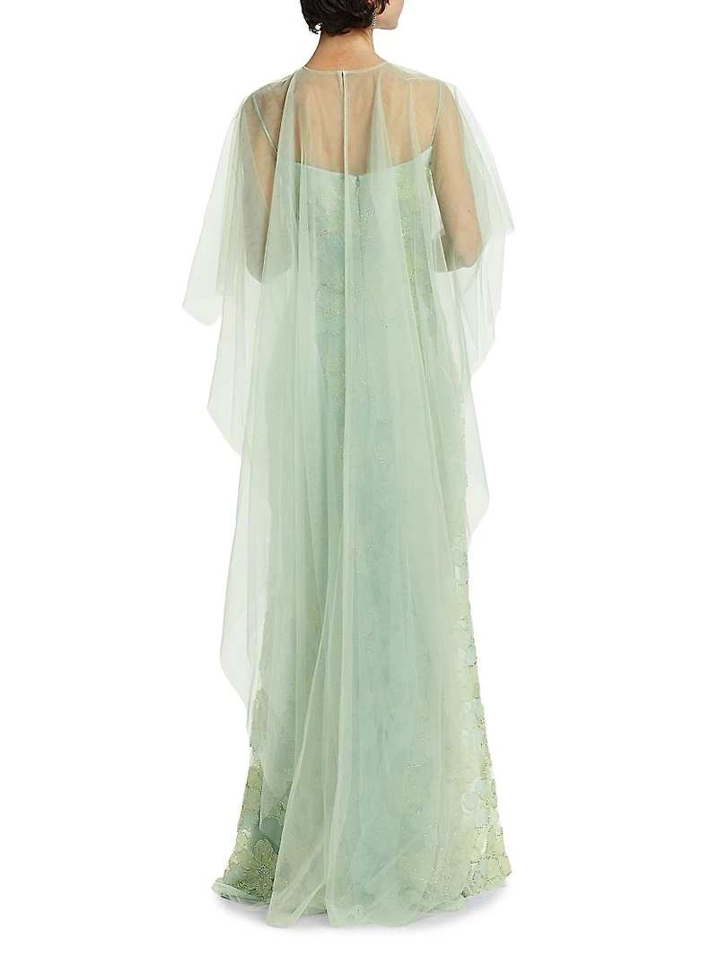 Embroidered Floral Tulle Cape Gown