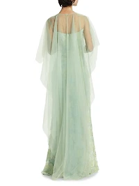 Embroidered Floral Tulle Cape Gown
