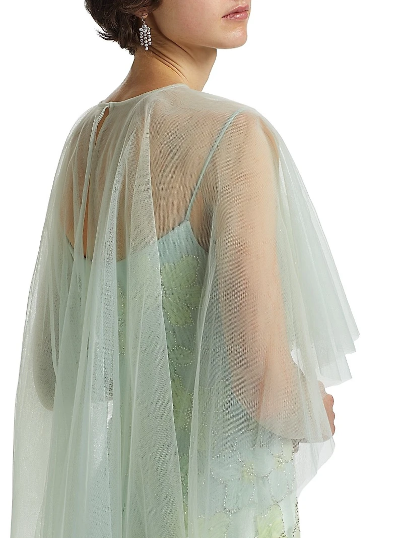 Embroidered Floral Tulle Cape Gown