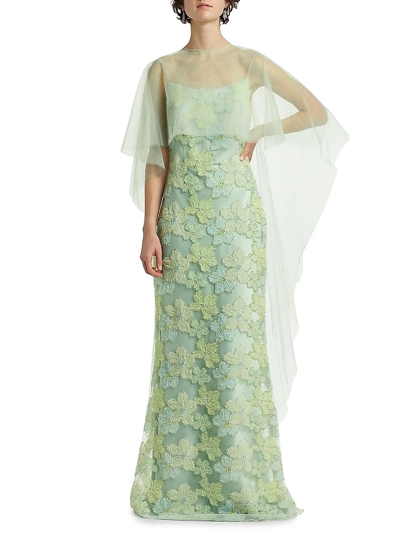 Embroidered Floral Tulle Cape Gown