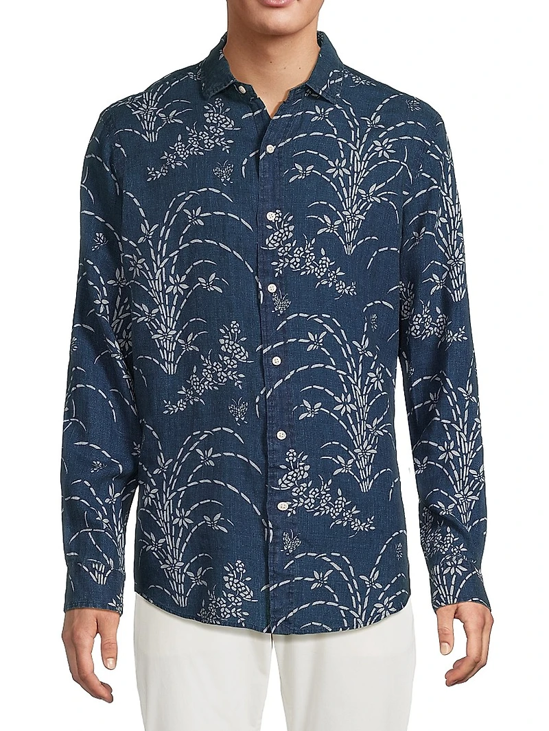 Classic-Fit Indigo Floral Linen Shirt