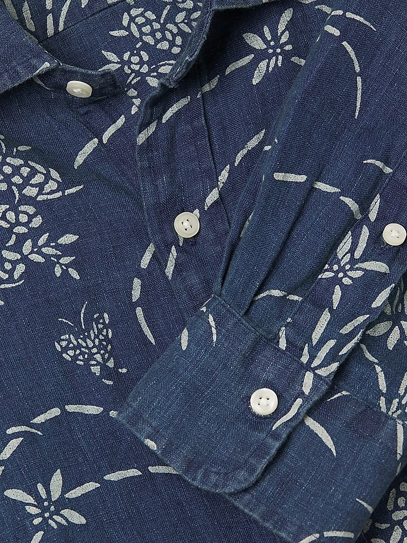 Classic-Fit Indigo Floral Linen Shirt