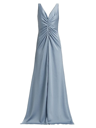 Satin Cinched V-Neck A-Line Gown