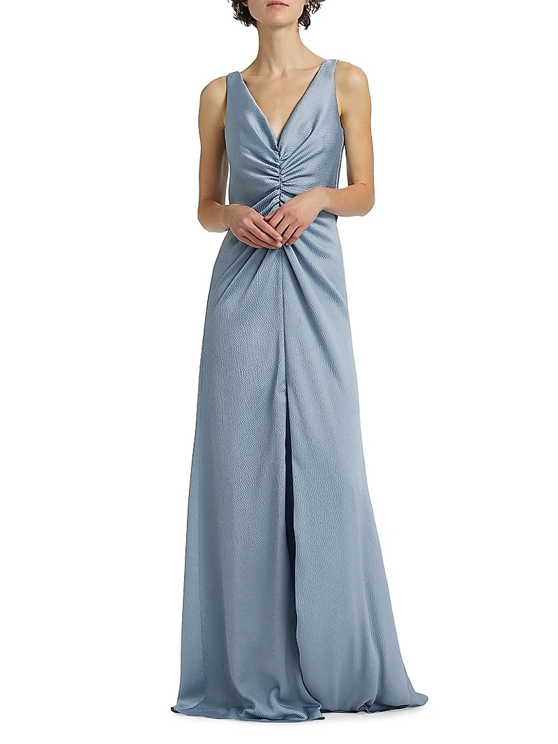 Satin Cinched V-Neck A-Line Gown