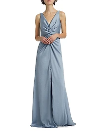 Satin Cinched V-Neck A-Line Gown