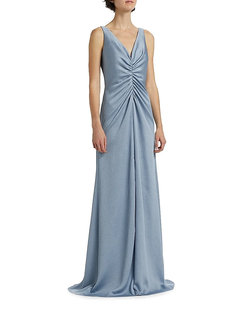 Satin Cinched V-Neck A-Line Gown