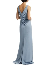 Satin Cinched V-Neck A-Line Gown