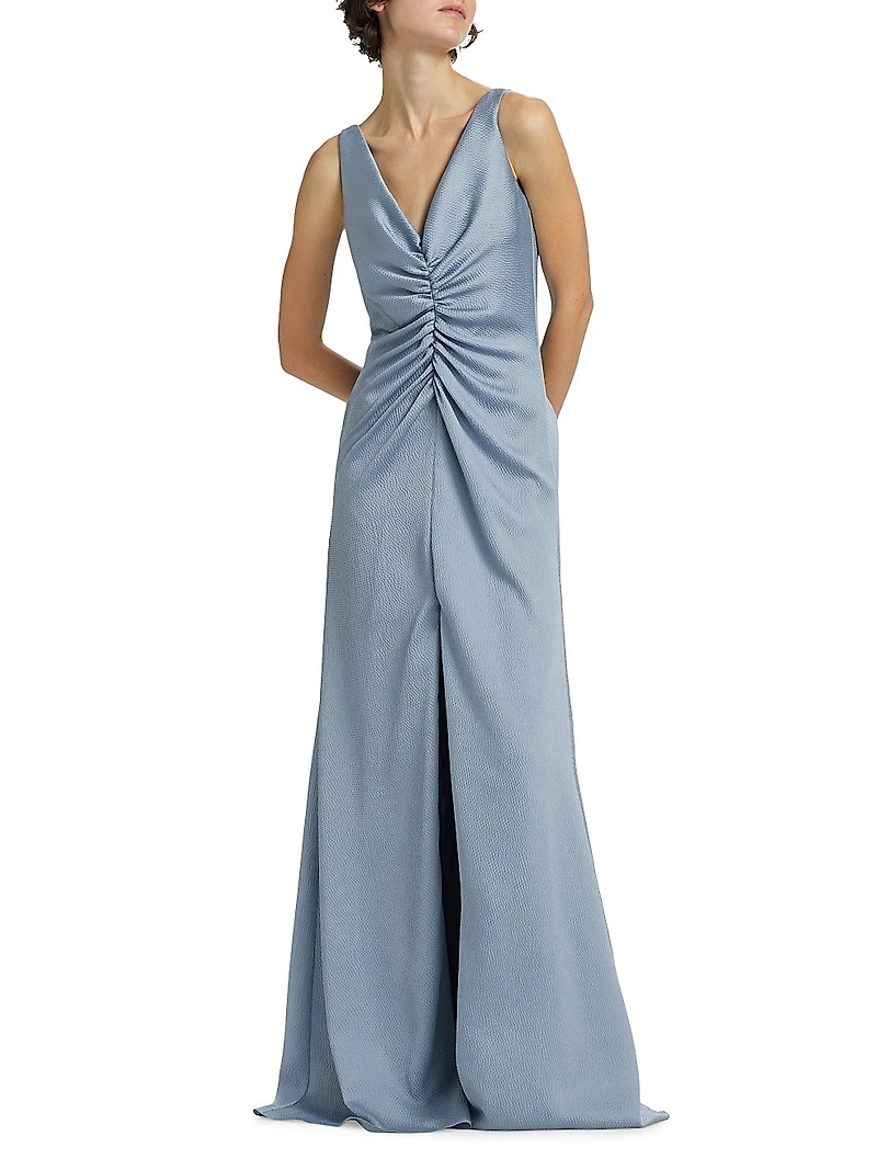 Satin Cinched V-Neck A-Line Gown