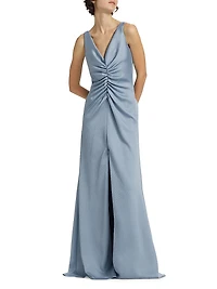 Satin Cinched V-Neck A-Line Gown