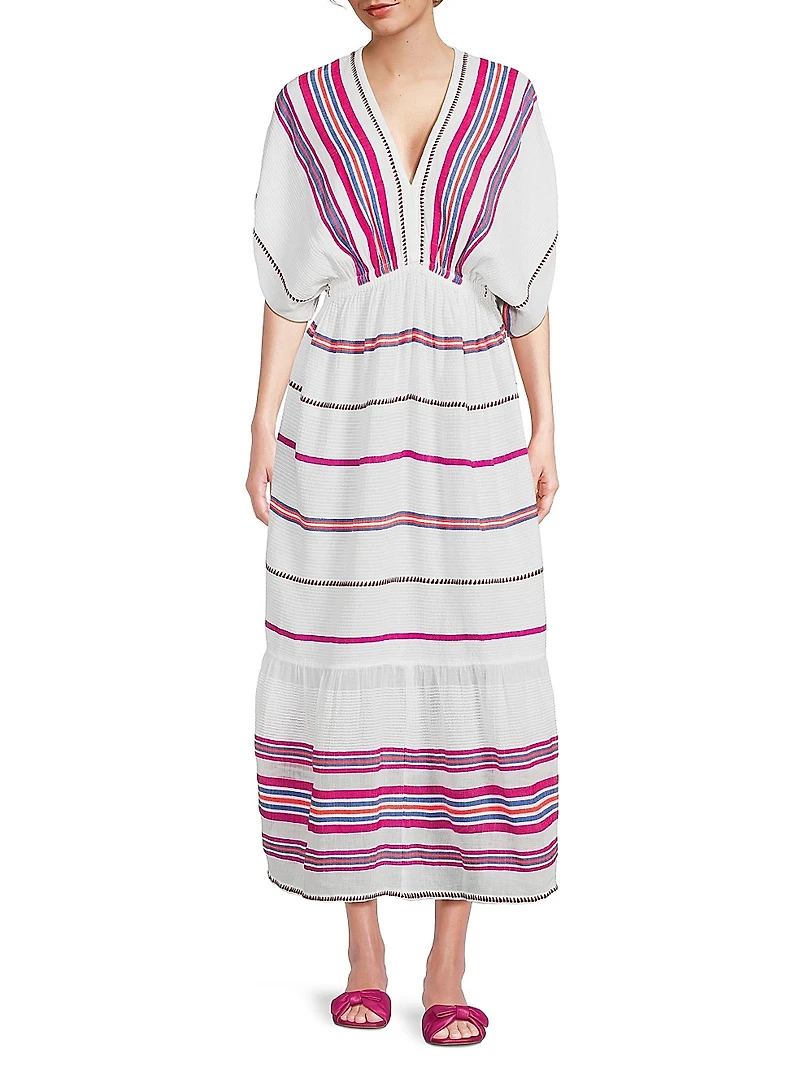 Leila Striped Cotton V-Neck Midi Dress