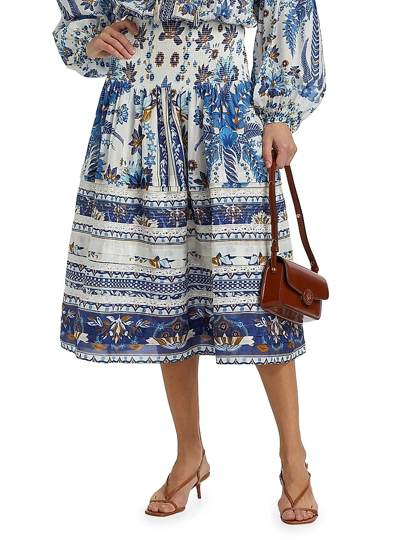 Ana Tapestry Cotton-Blend Smocked-Waist Midi-Skirt