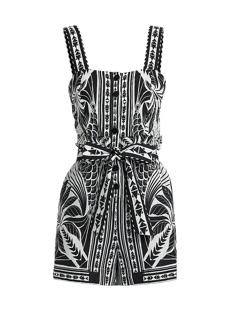 Monochrome Linen-Blend Botanical-Print Romper