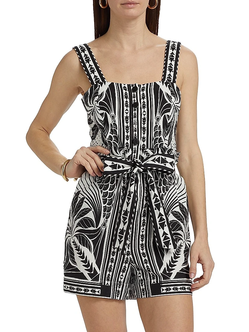 Monochrome Linen-Blend Botanical-Print Romper