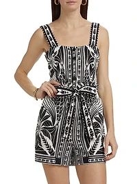 Monochrome Linen-Blend Botanical-Print Romper