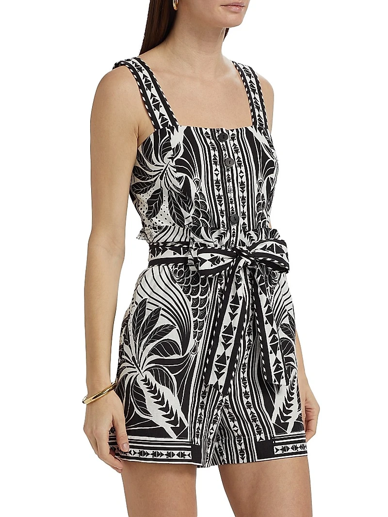 Monochrome Linen-Blend Botanical-Print Romper