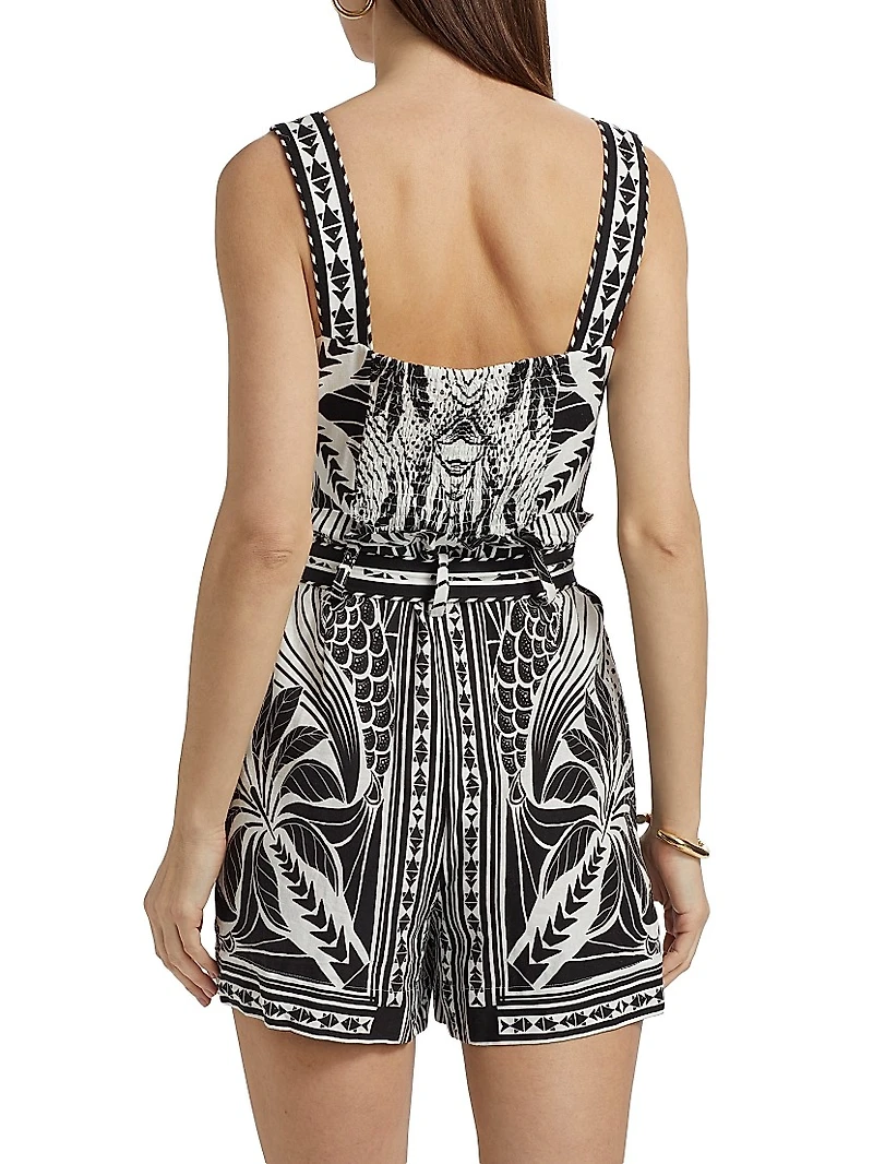 Monochrome Linen-Blend Botanical-Print Romper