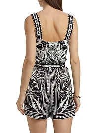 Monochrome Linen-Blend Botanical-Print Romper
