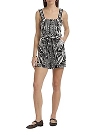 Monochrome Linen-Blend Botanical-Print Romper