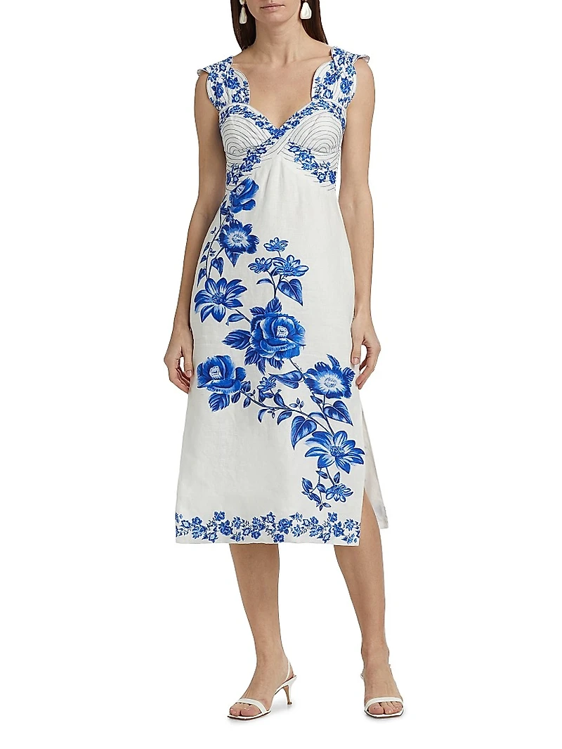 Cascade Floral Sleeveless Linen Midi-Dress