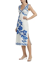 Cascade Floral Sleeveless Linen Midi-Dress