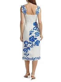 Cascade Floral Sleeveless Linen Midi-Dress