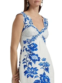 Cascade Floral Sleeveless Linen Midi-Dress