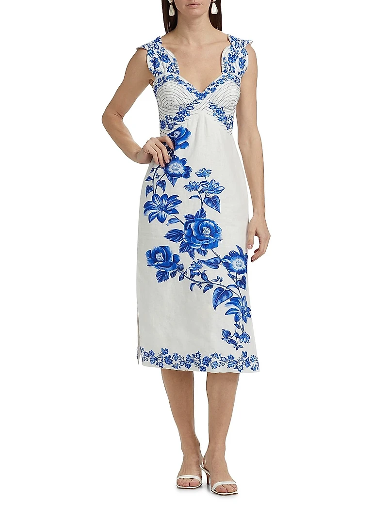 Cascade Floral Sleeveless Linen Midi-Dress