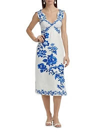 Cascade Floral Sleeveless Linen Midi-Dress