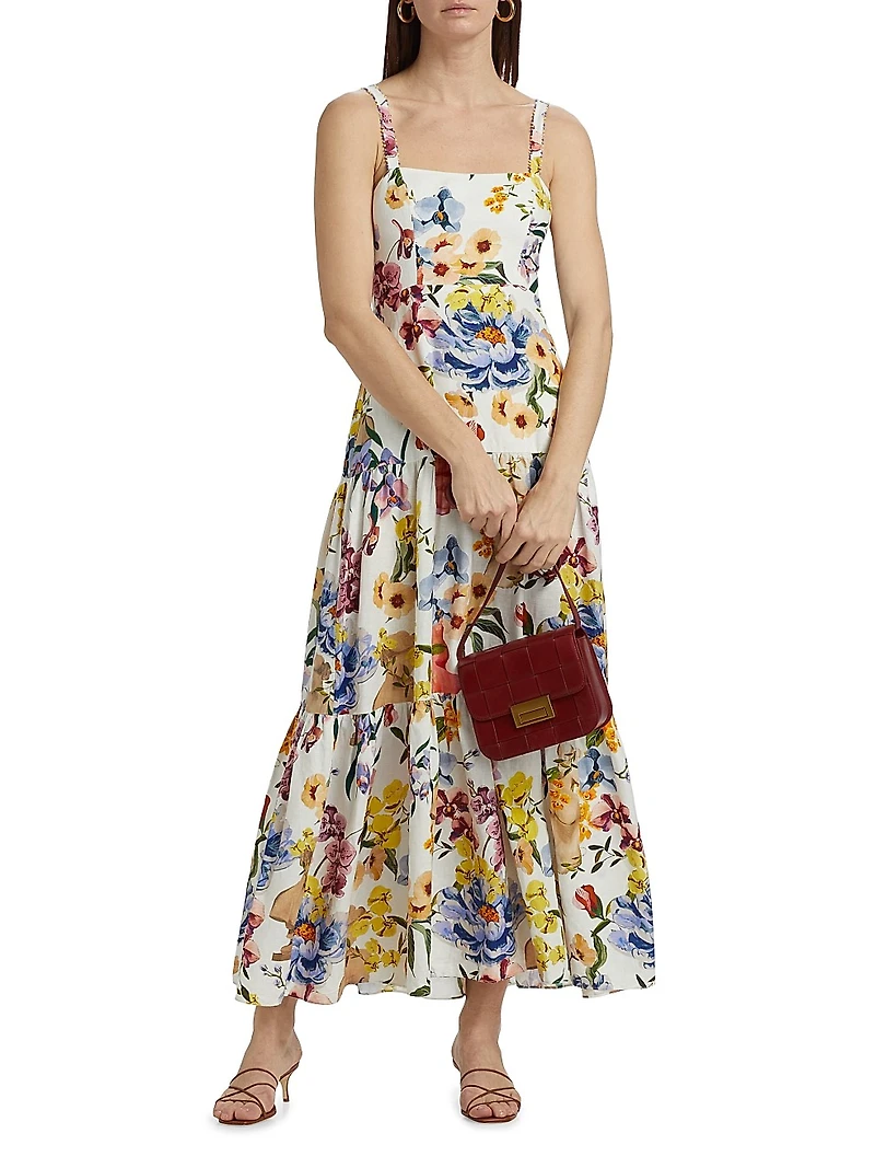Greek Garden Floral Linen-Blend Maxi Dress