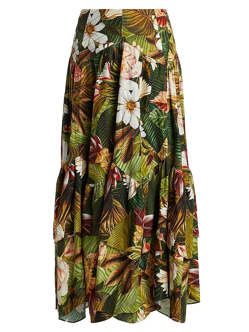Botanical Forest Floral Linen-Blend Midi-Skirt