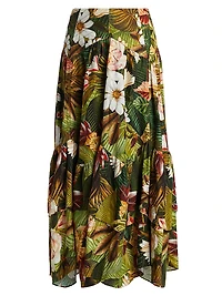 Botanical Forest Floral Linen-Blend Midi-Skirt
