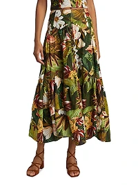 Botanical Forest Floral Linen-Blend Midi-Skirt