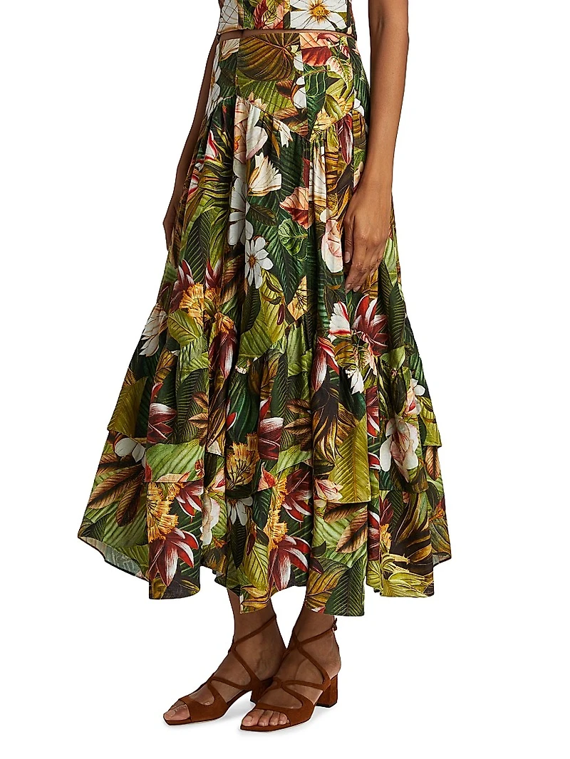 Botanical Forest Floral Linen-Blend Midi-Skirt