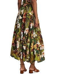 Botanical Forest Floral Linen-Blend Midi-Skirt