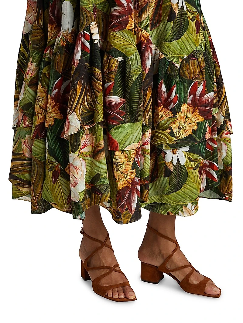 Botanical Forest Floral Linen-Blend Midi-Skirt