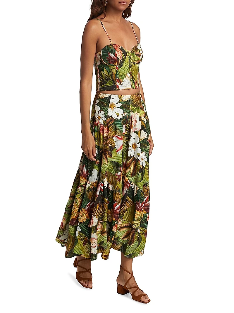 Botanical Forest Floral Linen-Blend Midi-Skirt