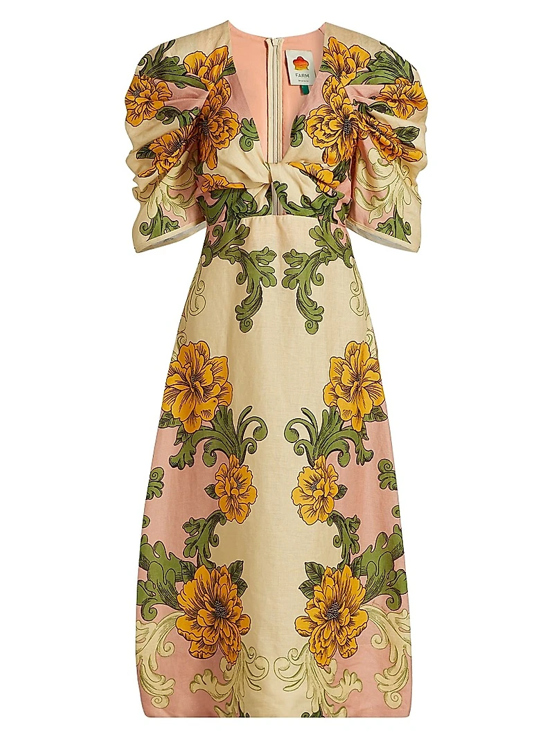 Floral Arabesque Linen Midi-Dress