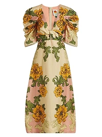 Floral Arabesque Linen Midi-Dress