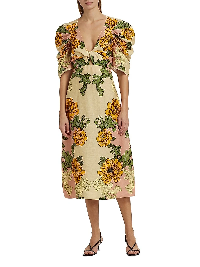 Floral Arabesque Linen Midi-Dress