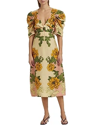 Floral Arabesque Linen Midi-Dress