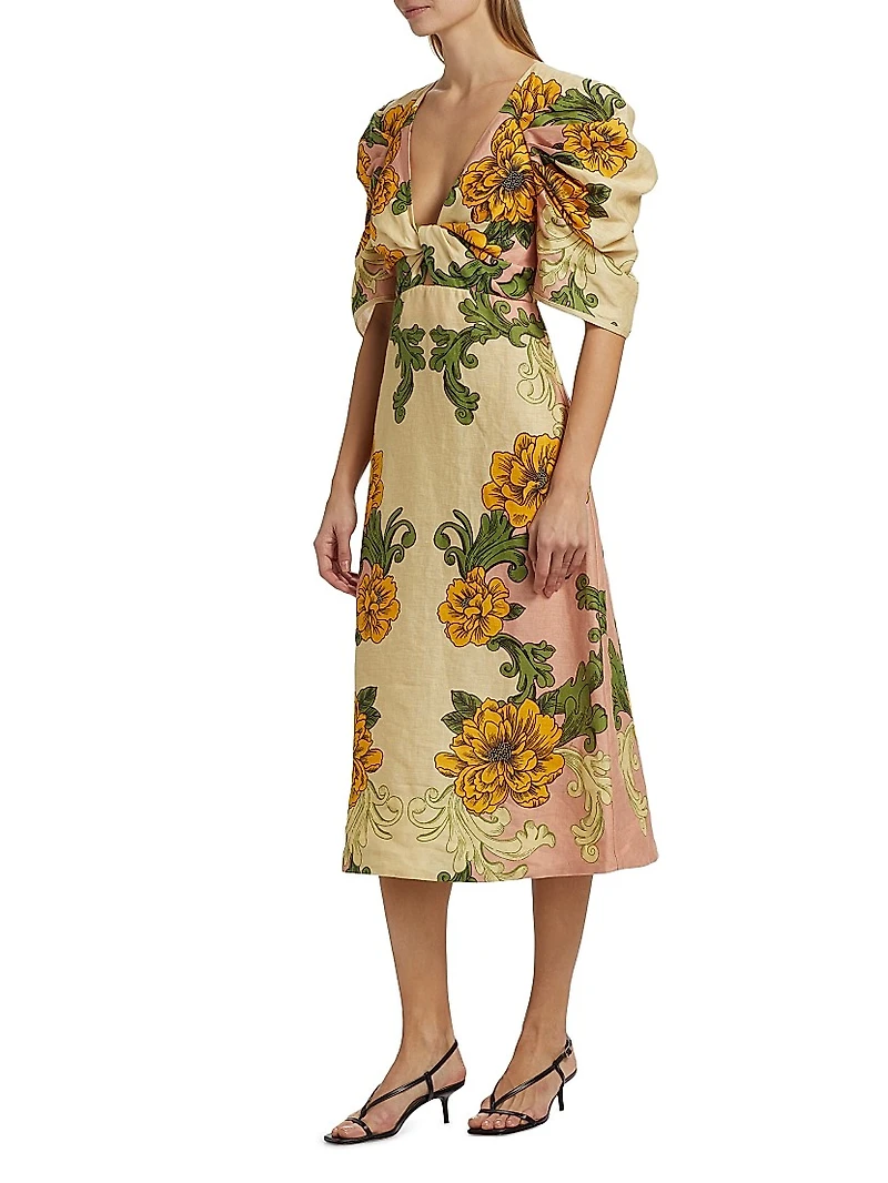 Floral Arabesque Linen Midi-Dress