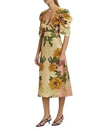 Floral Arabesque Linen Midi-Dress