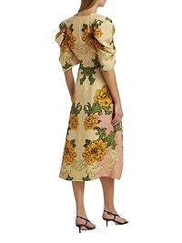 Floral Arabesque Linen Midi-Dress