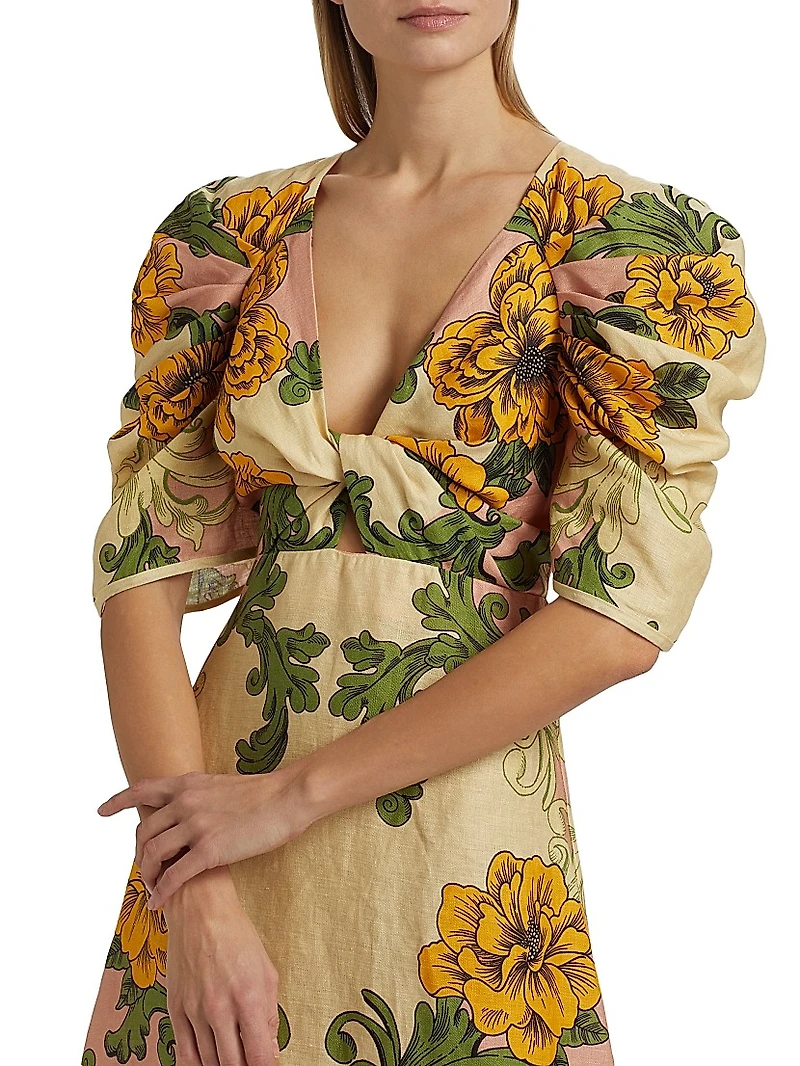 Floral Arabesque Linen Midi-Dress
