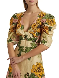 Floral Arabesque Linen Midi-Dress