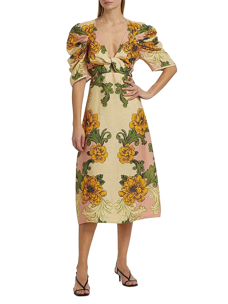 Floral Arabesque Linen Midi-Dress
