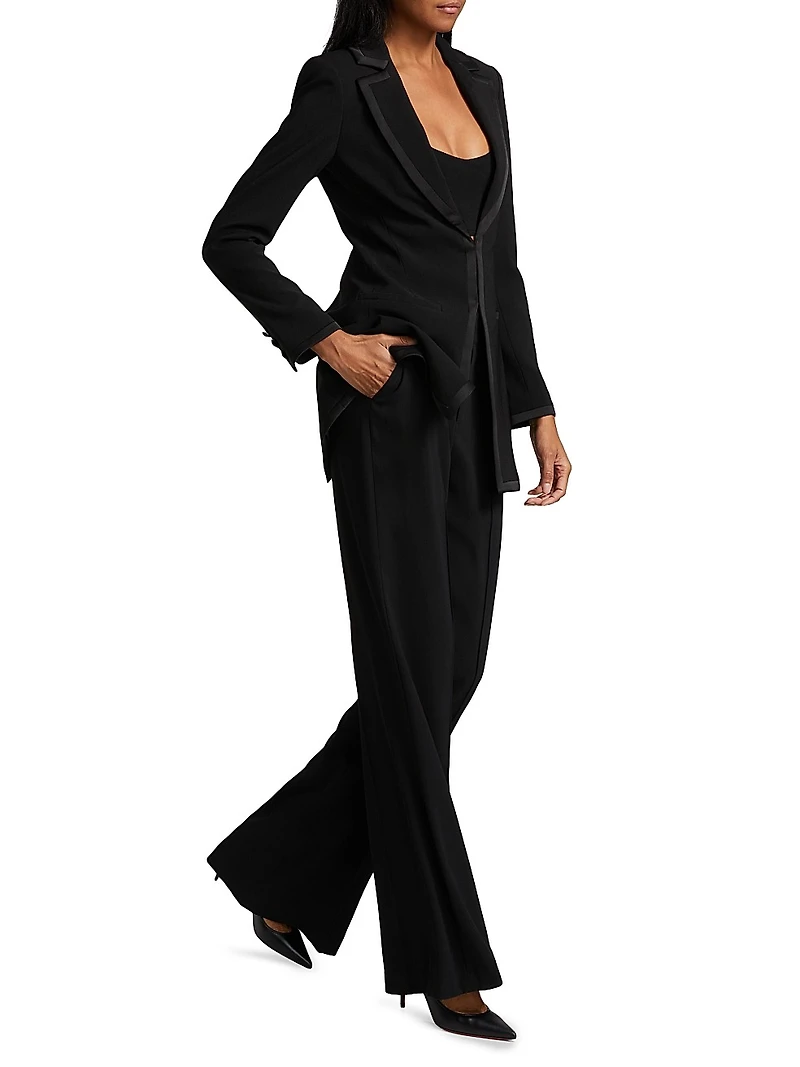 Mya Satin-Trim Long Blazer