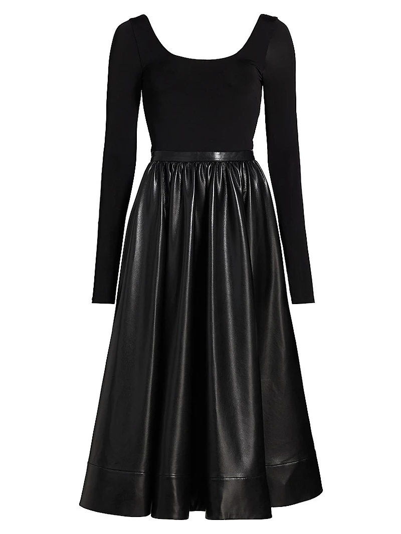 Chara Knit & Faux-Leather Long-Sleeve Midi-Dress
