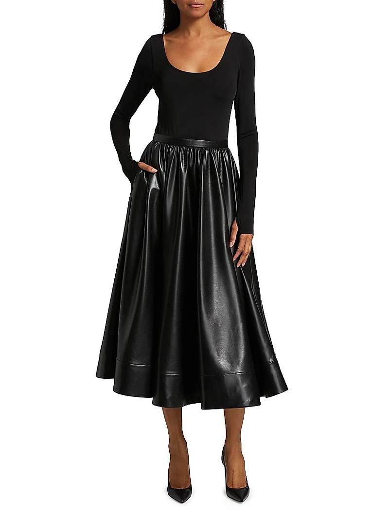 Chara Knit & Faux-Leather Long-Sleeve Midi-Dress