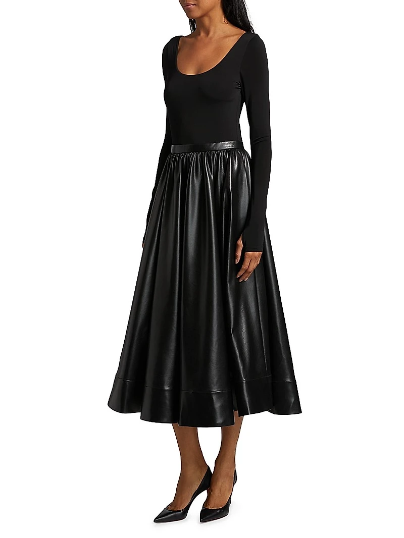 Chara Knit & Faux-Leather Long-Sleeve Midi-Dress